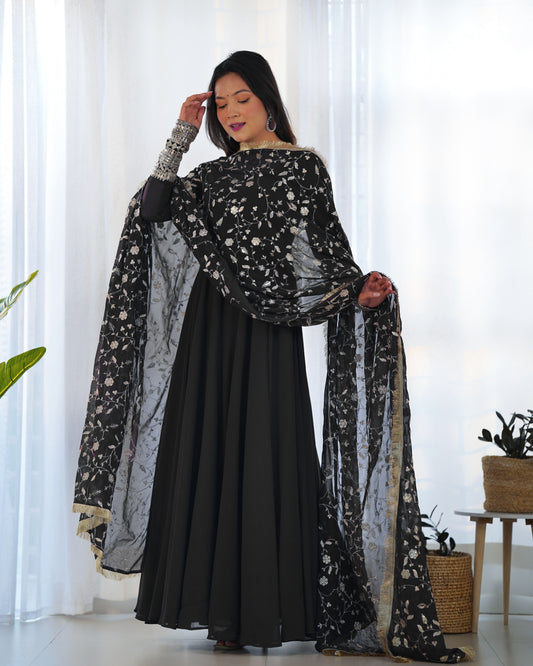 Black Color Soft Georgette Anarkali Gown With Heavy Embroidery Work Dupatta