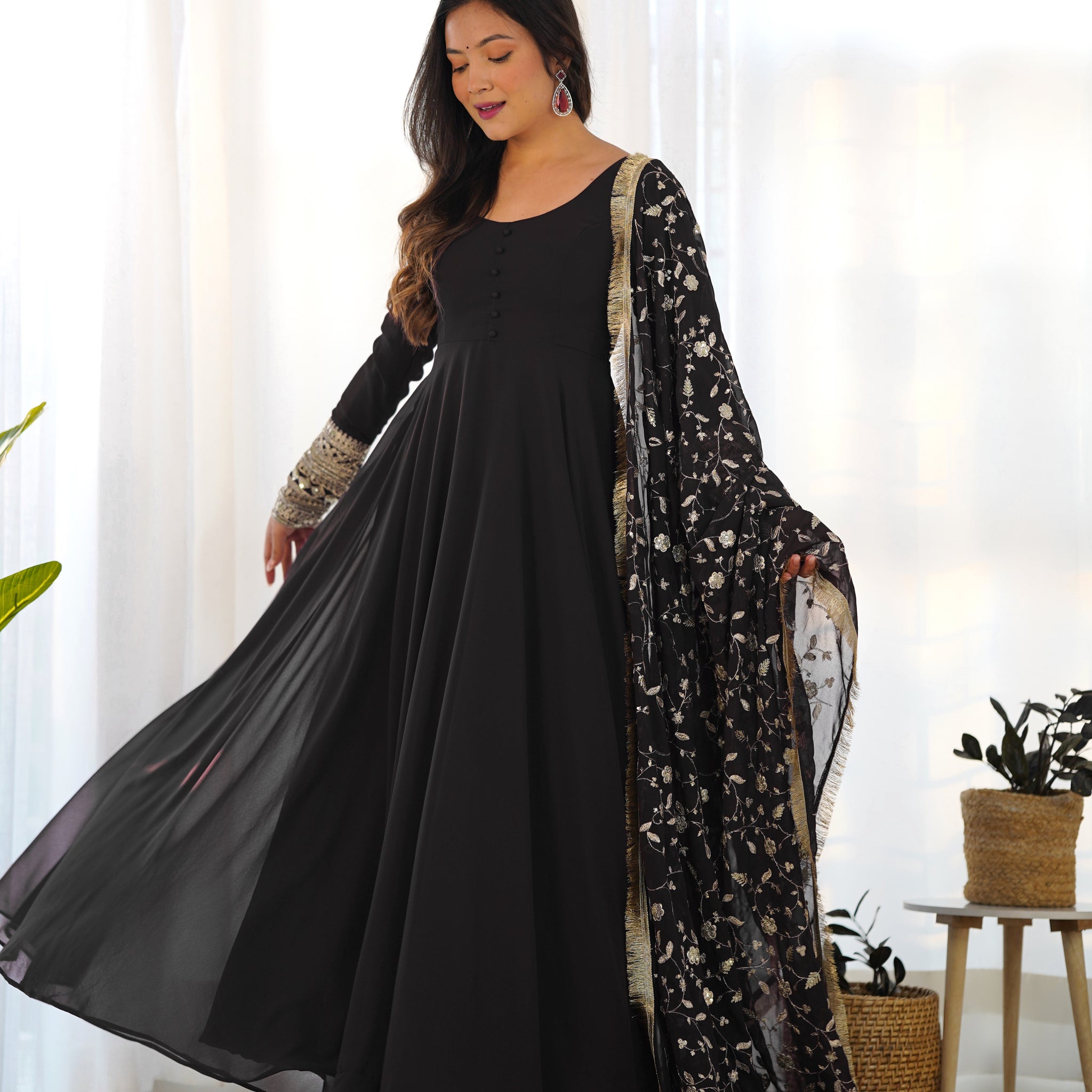 Black Color Soft Georgette Anarkali Gown With Heavy Embroidery Work Dupatta