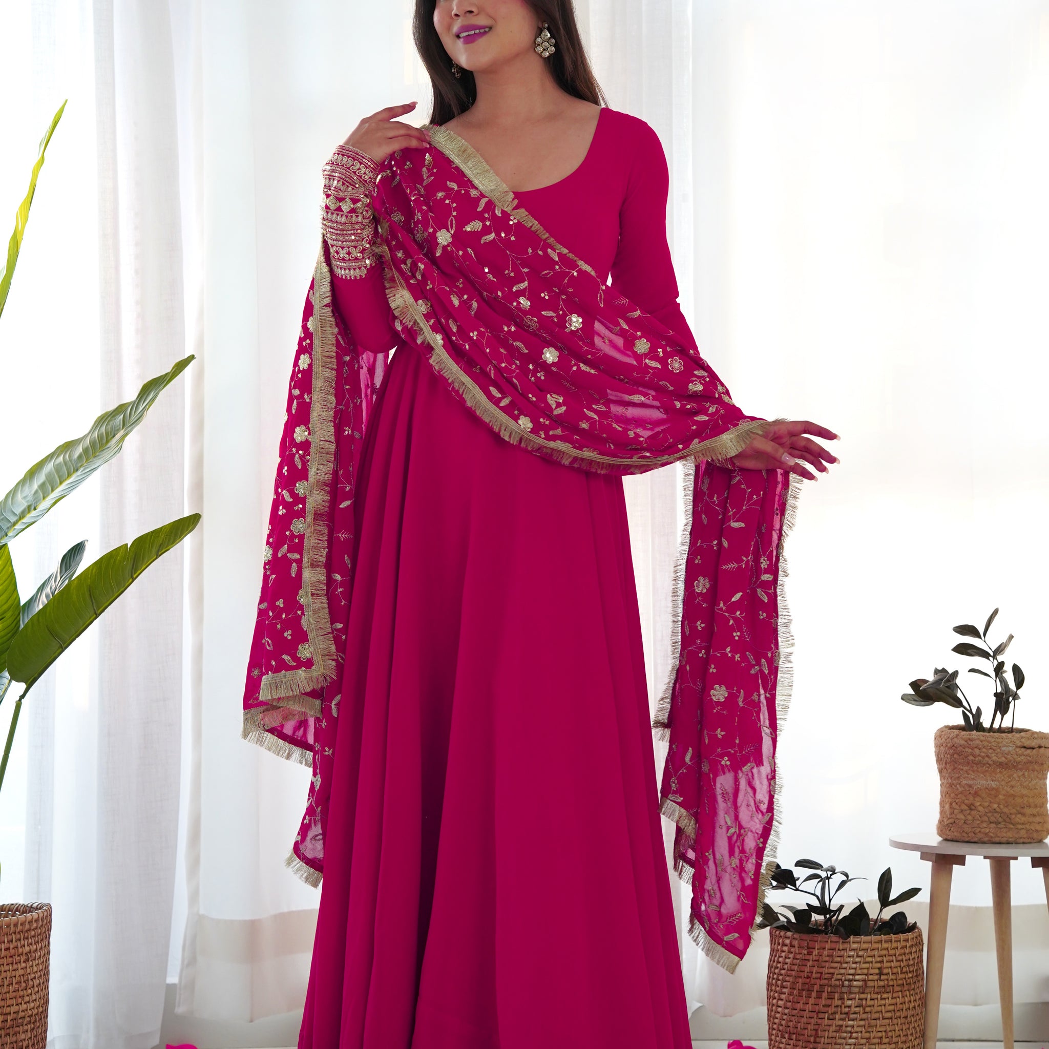 Rani Pink Color Soft Georgette Anarkali Gown With Heavy Embroidery Work Dupatta