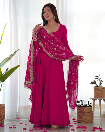 Rani Pink Color Soft Georgette Anarkali Gown With Heavy Embroidery Work Dupatta