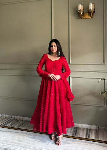 Red Sequence Anarkali Gown for Women - Lucknowi Embroidered with Dupatta