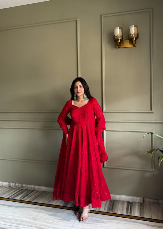 Red Sequence Anarkali Gown for Women - Lucknowi Embroidered with Dupatta