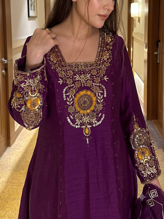 Royal Wine Vichitra Silk Heavy Embroidered Anarkali Suit Set for Women