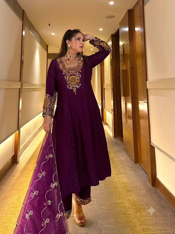 Royal Wine Vichitra Silk Heavy Embroidered Anarkali Suit Set for Women