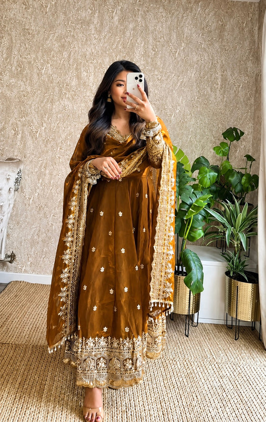 Gold Embroidered Anarkali Suit Set for Women with Dupatta