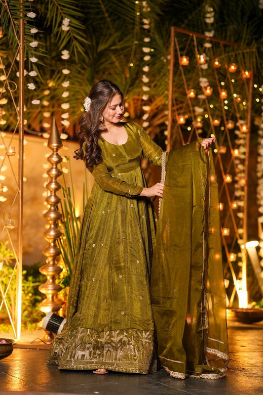 Mehendi Green Anarkali Suit Set for Women with Dupatta
