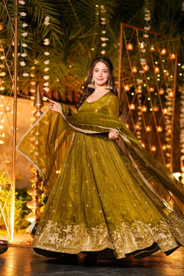 Mehendi Green Anarkali Suit Set for Women with Dupatta