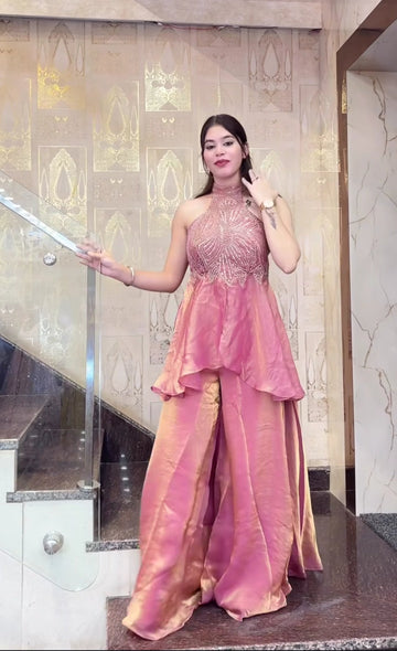 Heavy Fandy Silk Handwork Halter Neck Sharara Palazzo Set
