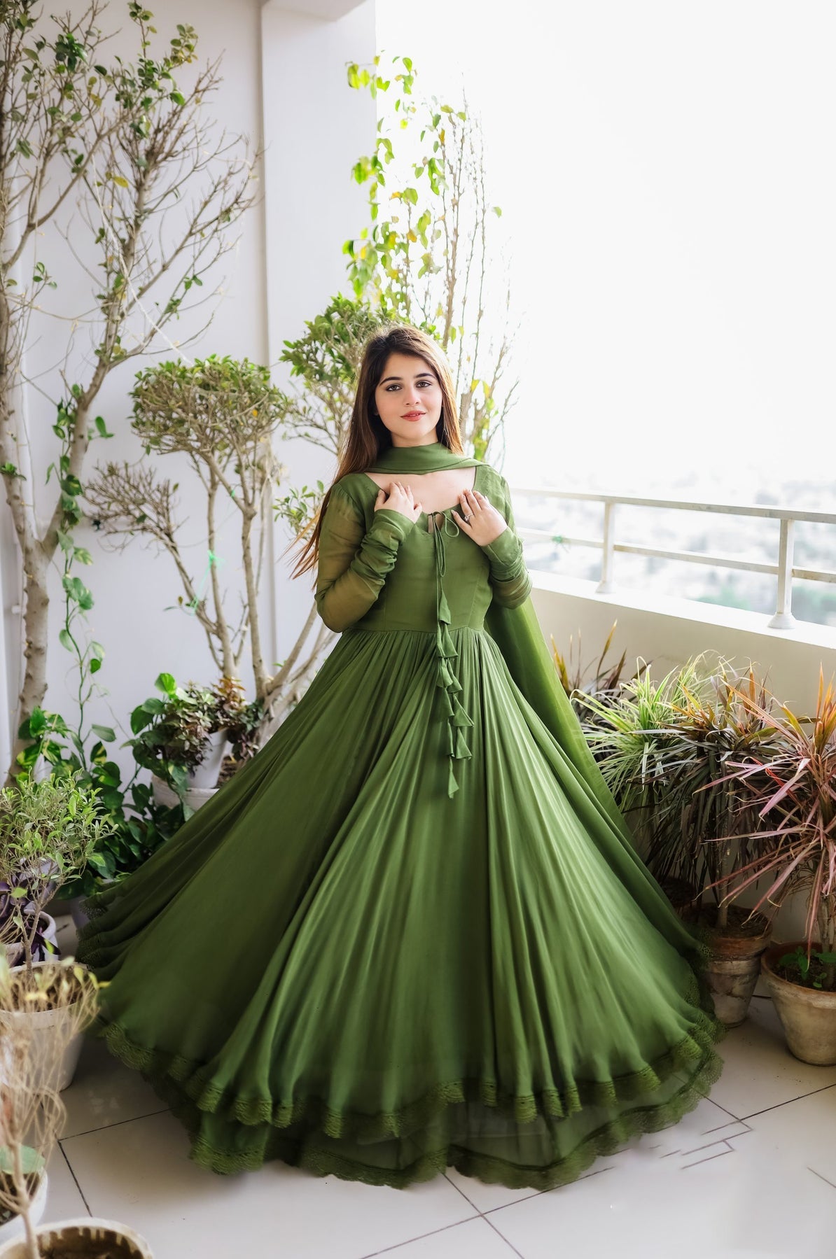 Solid Green Long Double Layer Anarkali Set
