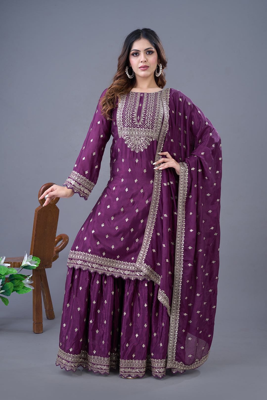 Wine Kurta Sharara In Chinon With Sequence Embroidery And Dupatta Big Flair Sharara