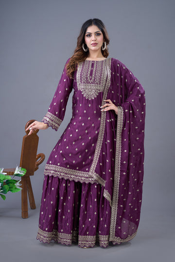Wine Kurta Sharara In Chinon With Sequence Embroidery And Dupatta Big Flair Sharara