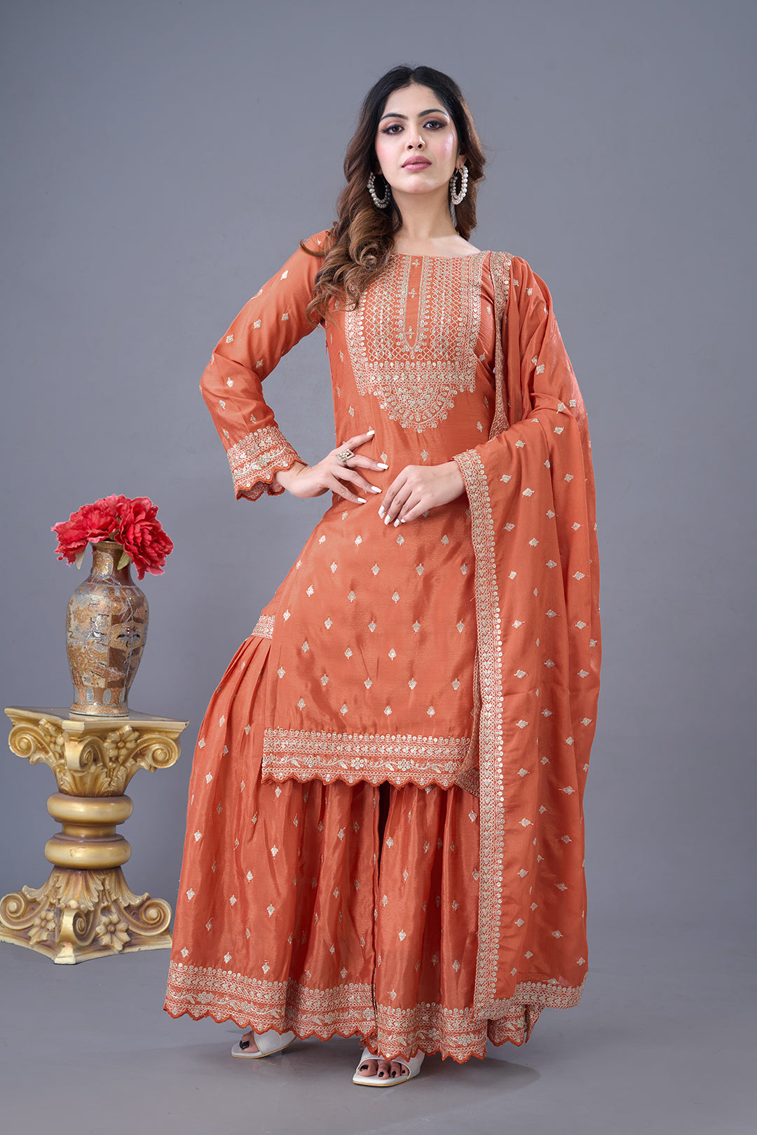 Orange Kurta Sharara In Chinon With Sequence Embroidery And Dupatta Big Flair Sharara