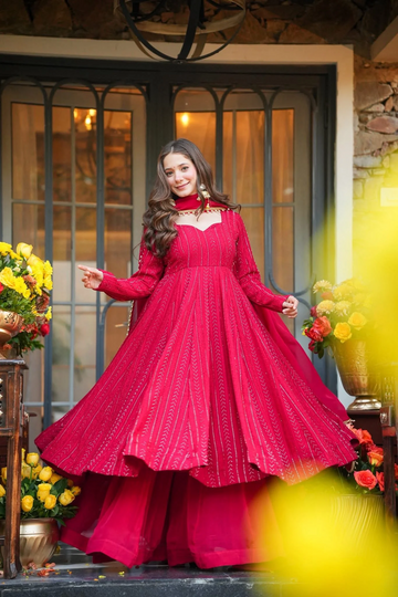 Pink Lakhnavi Embroidered Slit Anarkali Suit Set for Women