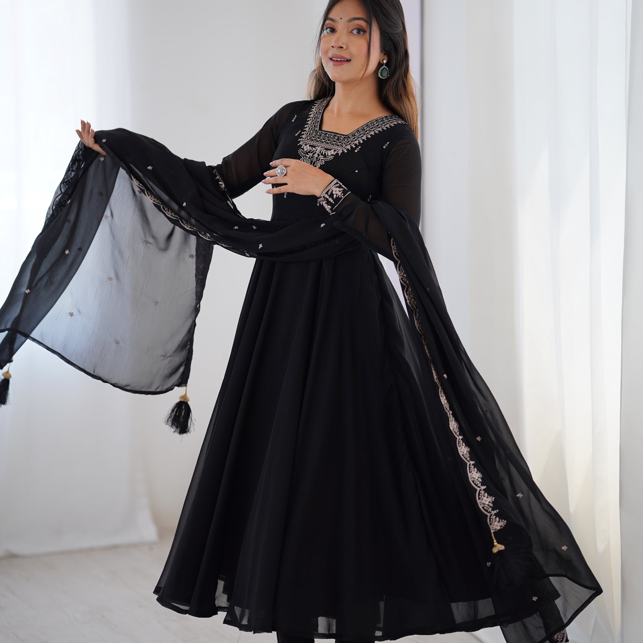 Black Embroidered Georgette Anarkali Set