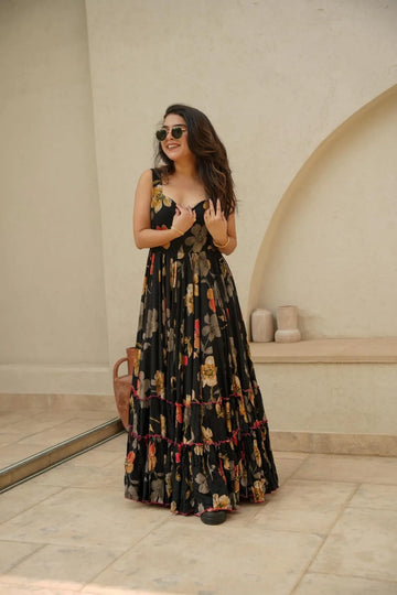 Black Color Floral Printed Full Flair Organza Maxi Gown