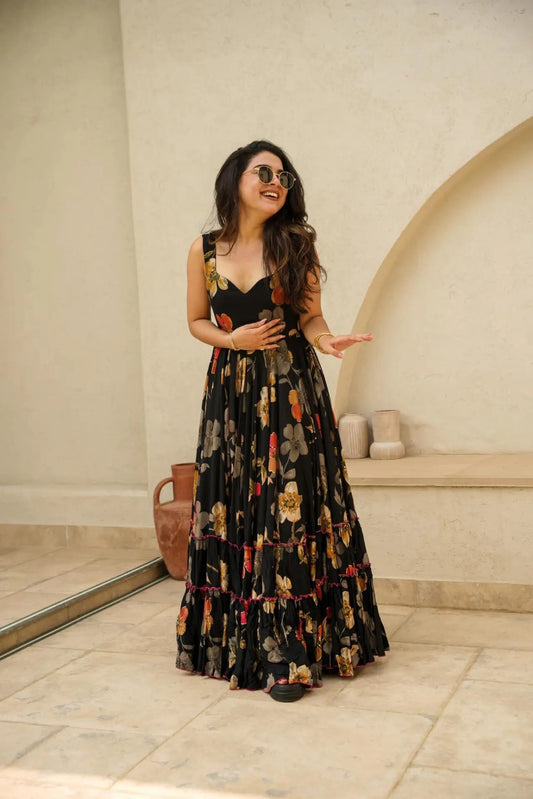 Black Color Floral Printed Full Flair Organza Maxi Gown