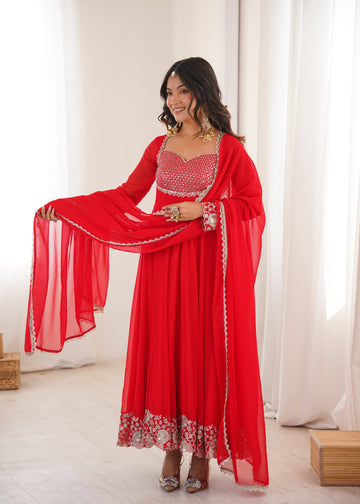 Red Heavy Georgette Anarkali Suit for Women with Sequin Detailing