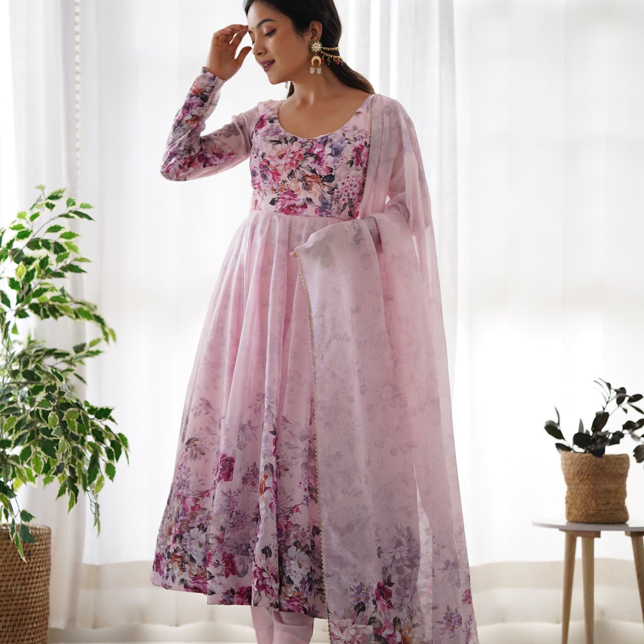 Baby Pink Color Floral Print Organza Three Piece Anarkali Suit