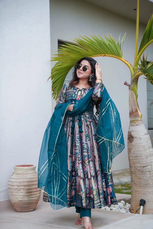 Shining Blue Color Multi Bright Silk Anarkali Suit Set