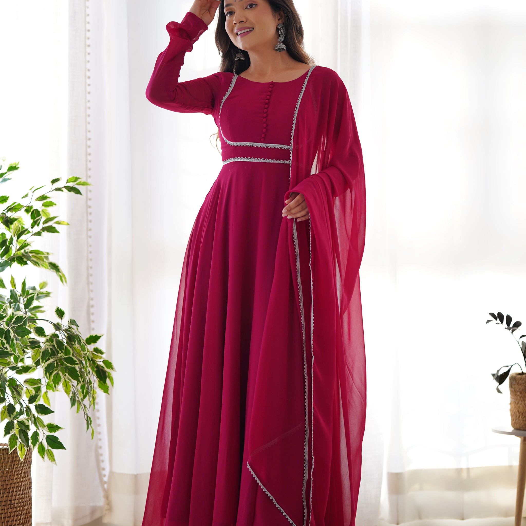 Women's Bright Pink Organza Long Flared Kurta Set with Dupatta