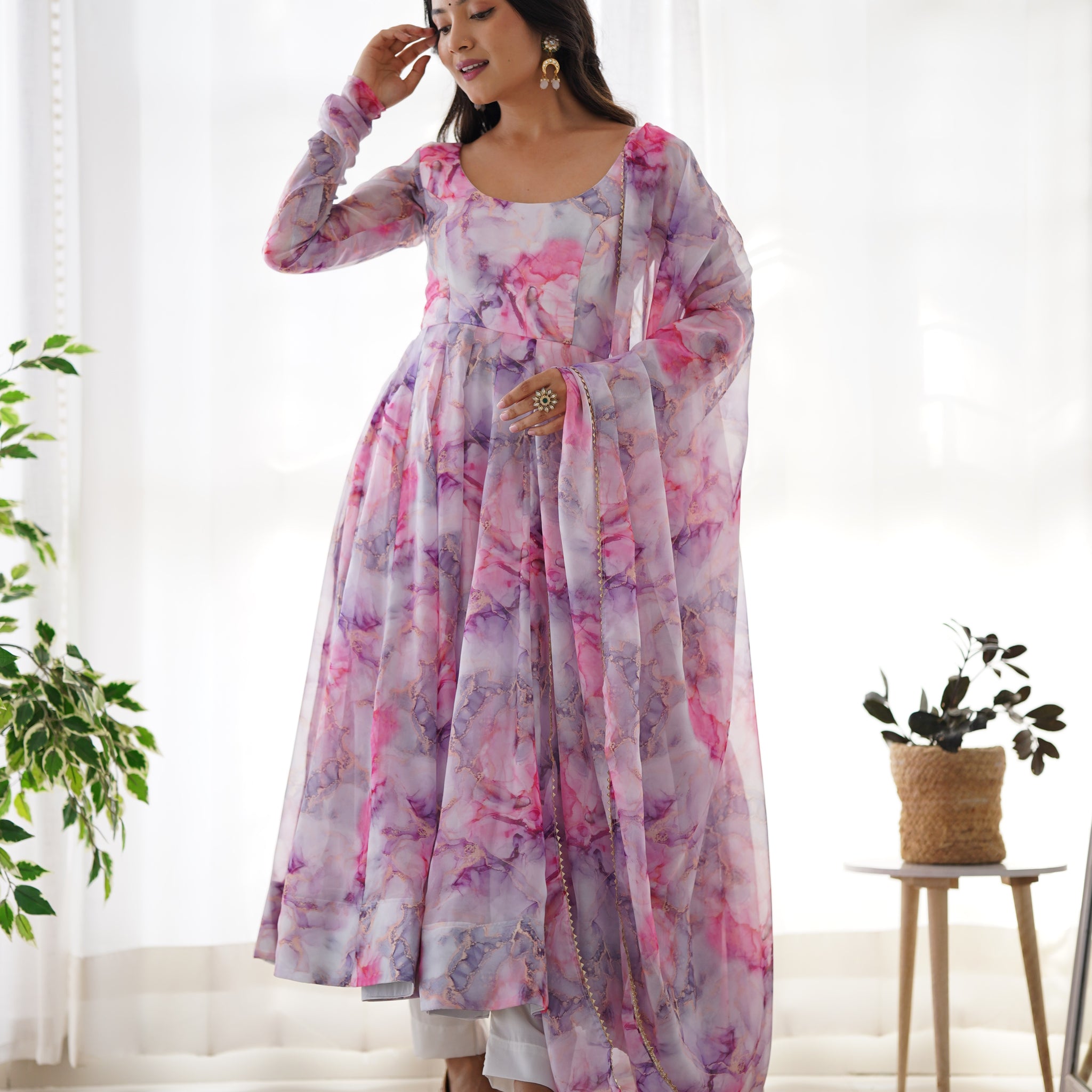 Printed Pink And White Kali Pattern Organza Silk Three-Piece Anarkali Suit