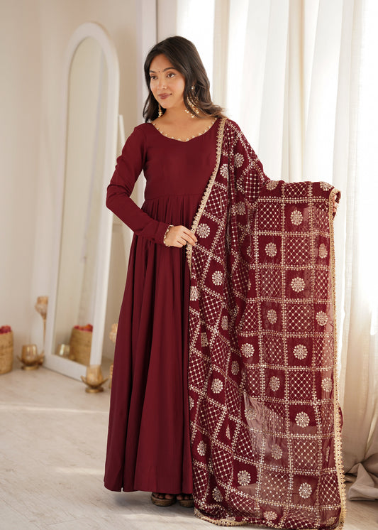 Maroon Angrakha Style Anarkali Gown for Women with Dupatta