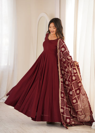 Maroon Angrakha Style Anarkali Gown for Women with Dupatta