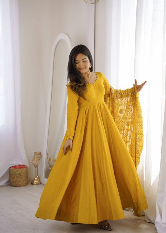 Yellow Angrakha Style Anarkali Gown for Women with Dupatta