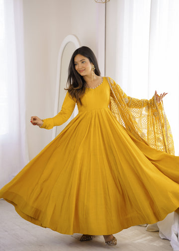 Yellow Angrakha Style Anarkali Gown for Women with Dupatta