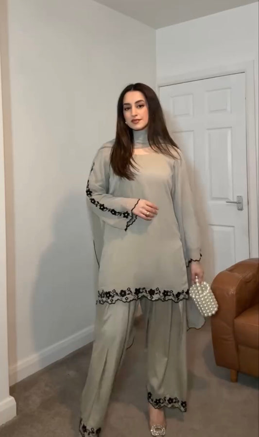 Grey Top With Farshi Palazzo in Georgette With Embroidery and Real Mirror