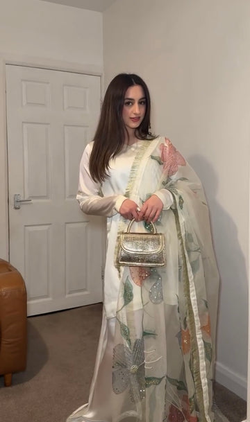 White Kurta With Farshi Palazzo in Japan Satin With Swarovski Stone Dupatta