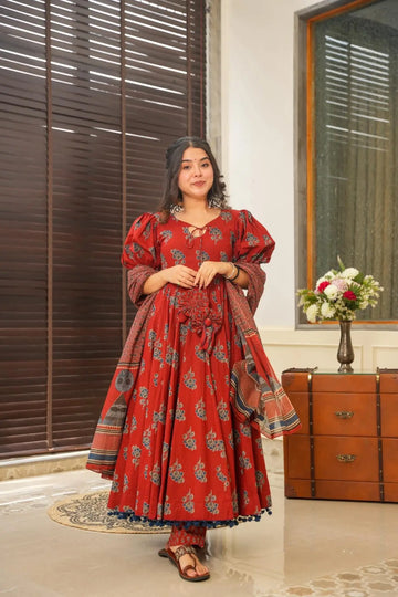 Pure Soft Cotton Printed Anarkali Suit Set