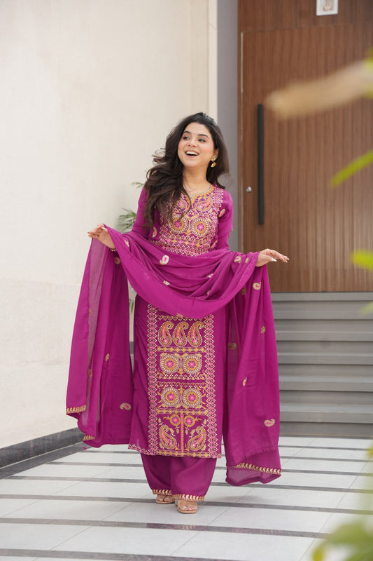 Ishani Purple Yoke Design Notch Round Neck Embroidered Straight Kurta With Trousers & Dupatta