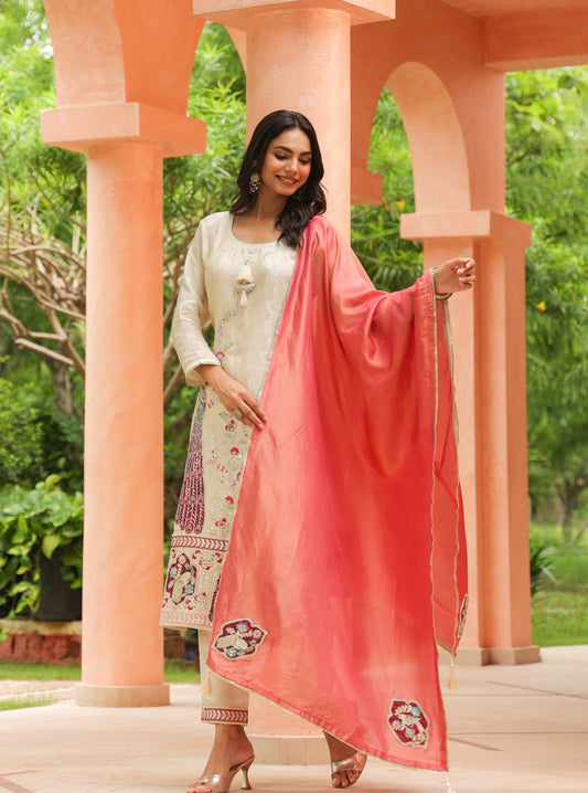 Ivory Blossom Embroidered Cotton Blend Salwar Suit Set With Dupatta