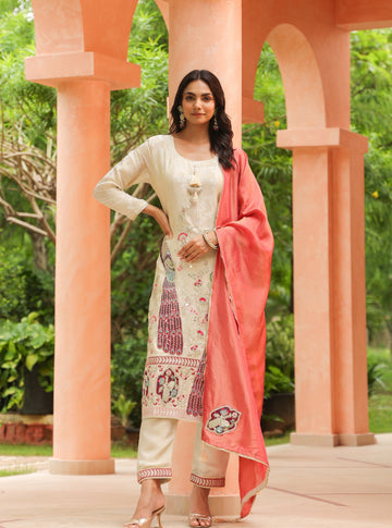 Ivory Blossom Embroidered Cotton Blend Salwar Suit Set With Dupatta