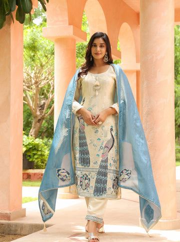 Ivory Top Embroidery Work Salwar Suit Set With Blue Dupatta