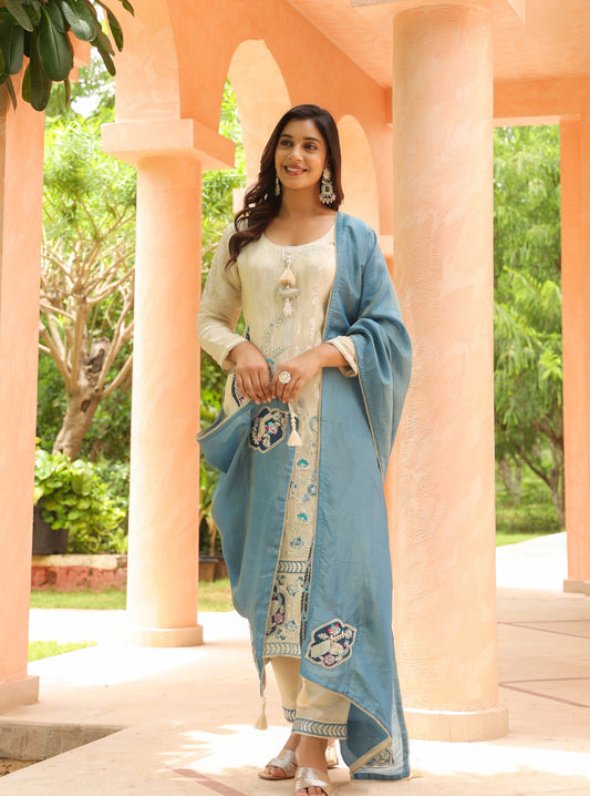 Ivory Top Embroidery Work Salwar Suit Set With Blue Dupatta