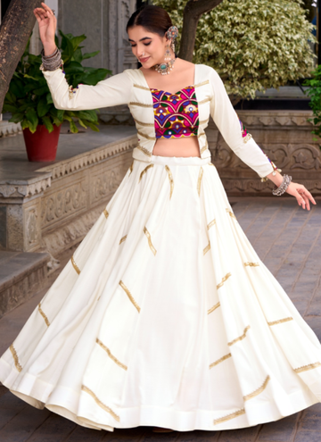 Ivory White Rayon Lehenga Choli With Mirror Gamthi Work For Navratri