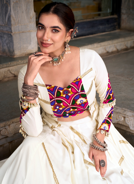 Ivory White Rayon Lehenga Choli With Mirror Gamthi Work For Navratri