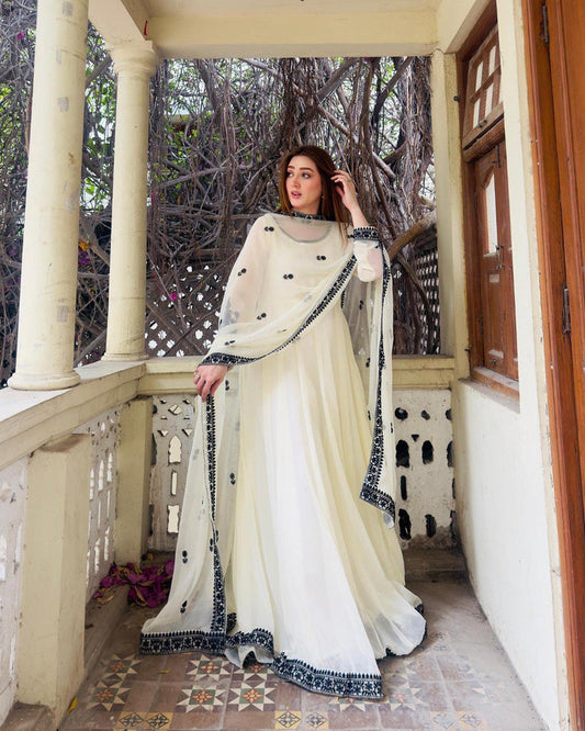 Kanika Off White Readymade Anarkali Suit Set