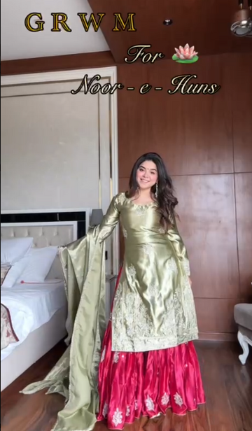 Kyra Olive Green Embroidered Kurta with Red Sharara Suit and Dupatta Set