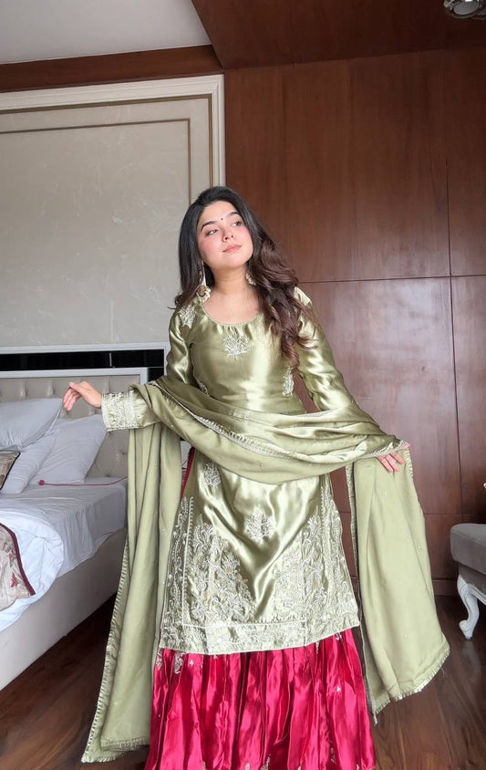 Kyra Olive Green Embroidered Kurta with Red Sharara Suit and Dupatta Set