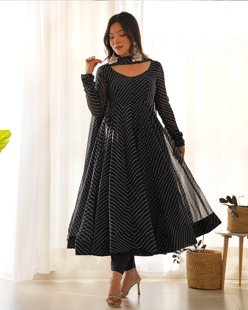 Laheriya Print Georgette Three Piece Black Anarkali Suit Set