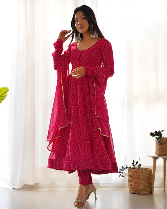Laheriya Print Georgette Three Piece Rani Pink Anarkali Suit Set