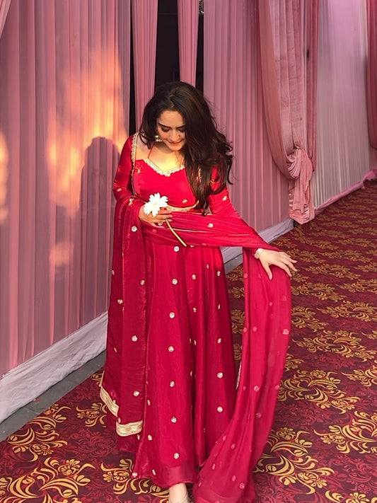 Lavina Fendy Silk Blush Red Anarkali Premium Suit Set