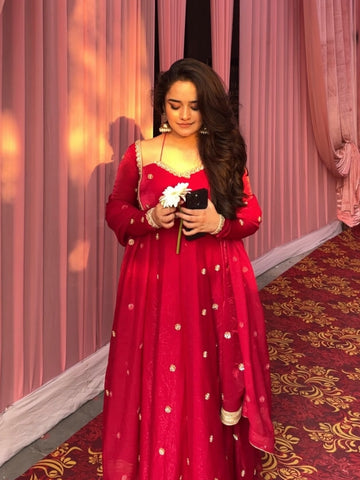 Lavina Fendy Silk Blush Red Anarkali Premium Suit Set