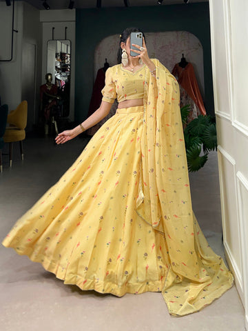 Lemon Color Floral Printed Tabby Silk Lehenga Choli