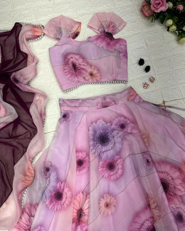 Light Pink Digital Printed Organza Lehenga Choli