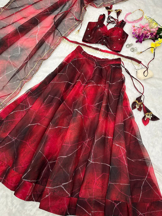 Lovely Digital Printed Maroon Color Organza Lehenga Choli