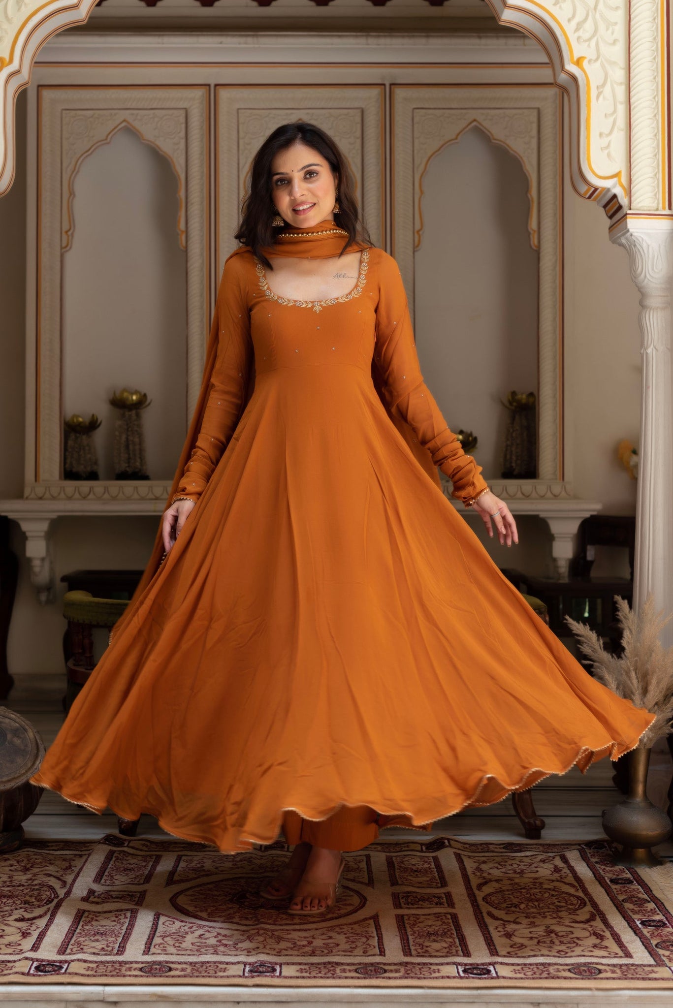 Luminous Embroidered Neck Work Anarkali Suit Set with Dupatta